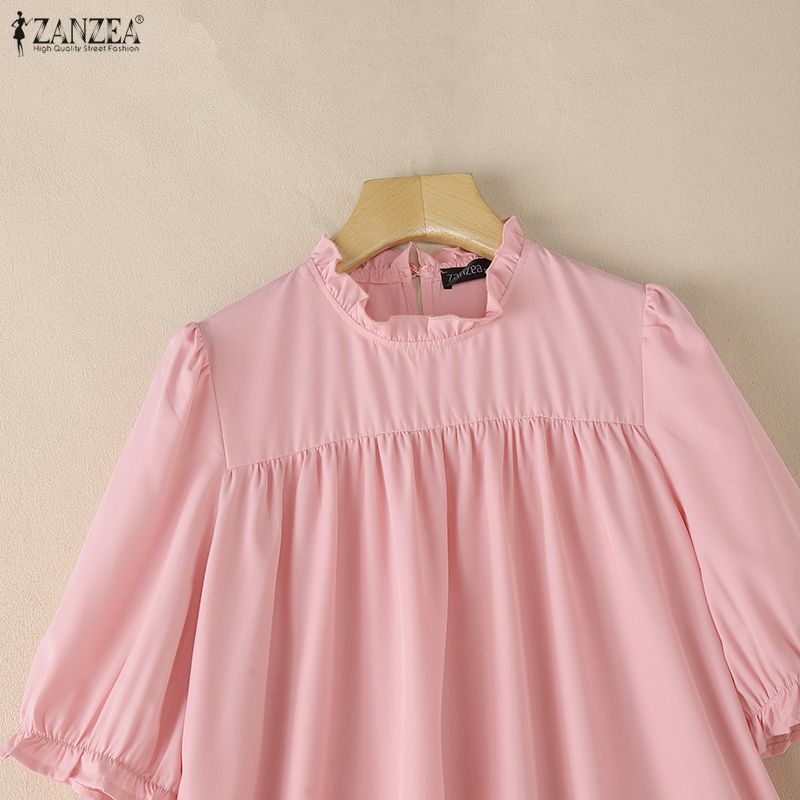 ZANZEA Women Casual Round Neck Solid Color Loose Half Sleeve Dress