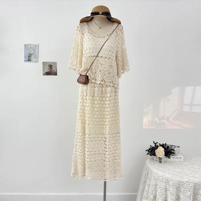 DIMANAF 2025 New Skirt Suit Women Knitting Beach Short Sleeve Lace O-Neck Hollow Summer Style Tops Tees Loose Basic