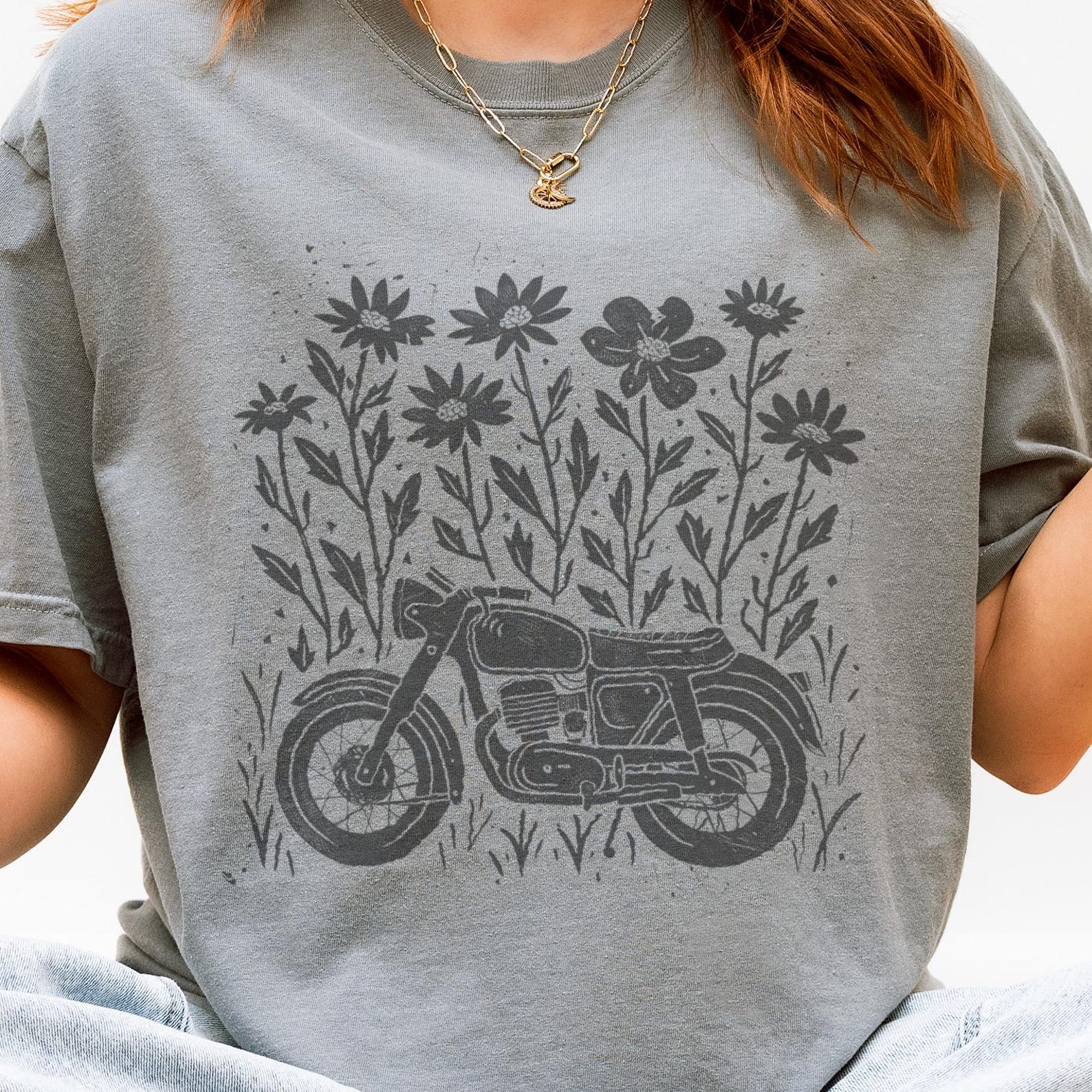 Motorcycle Wildflower T-Shirt, Linocut Botanical Tee, Unisex Graphic Shirt 150