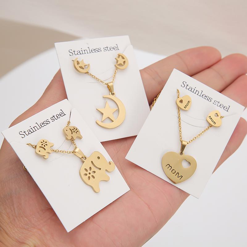 New Animal Flower Butterfly Stainless Steel Pendant Necklace Sets For Women Gold Color Chain Necklace Earrings Zircon Gifts