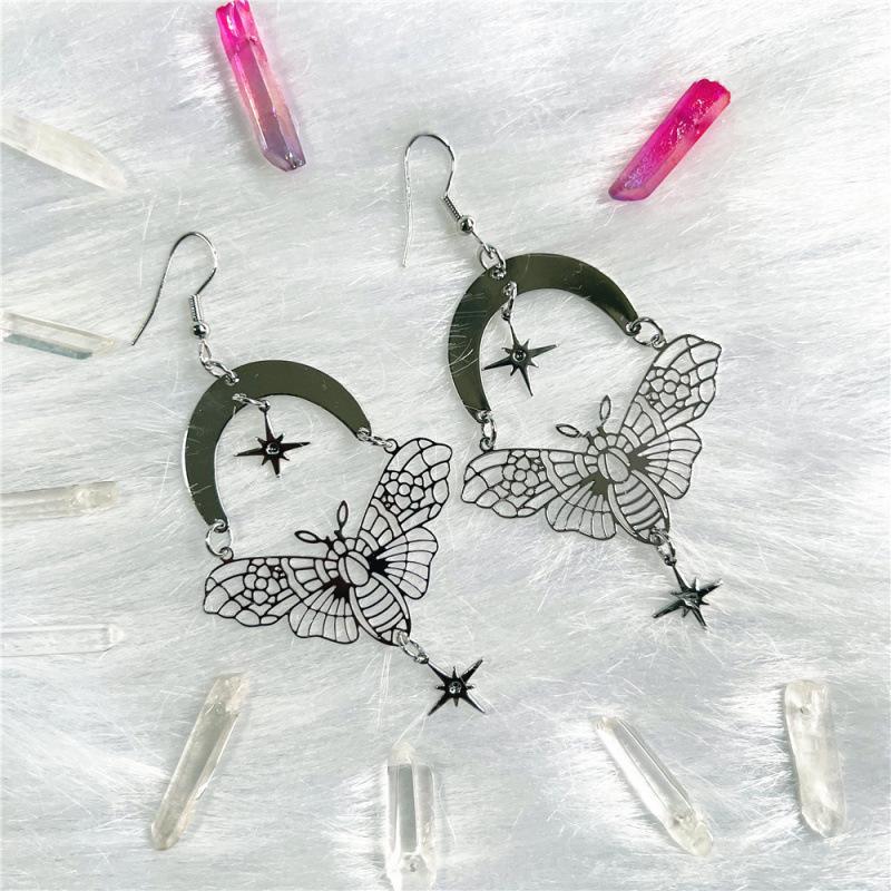 Gold & Silver Hollow Moth Pendant Earrings - Exquisite Retro Handmade Gift