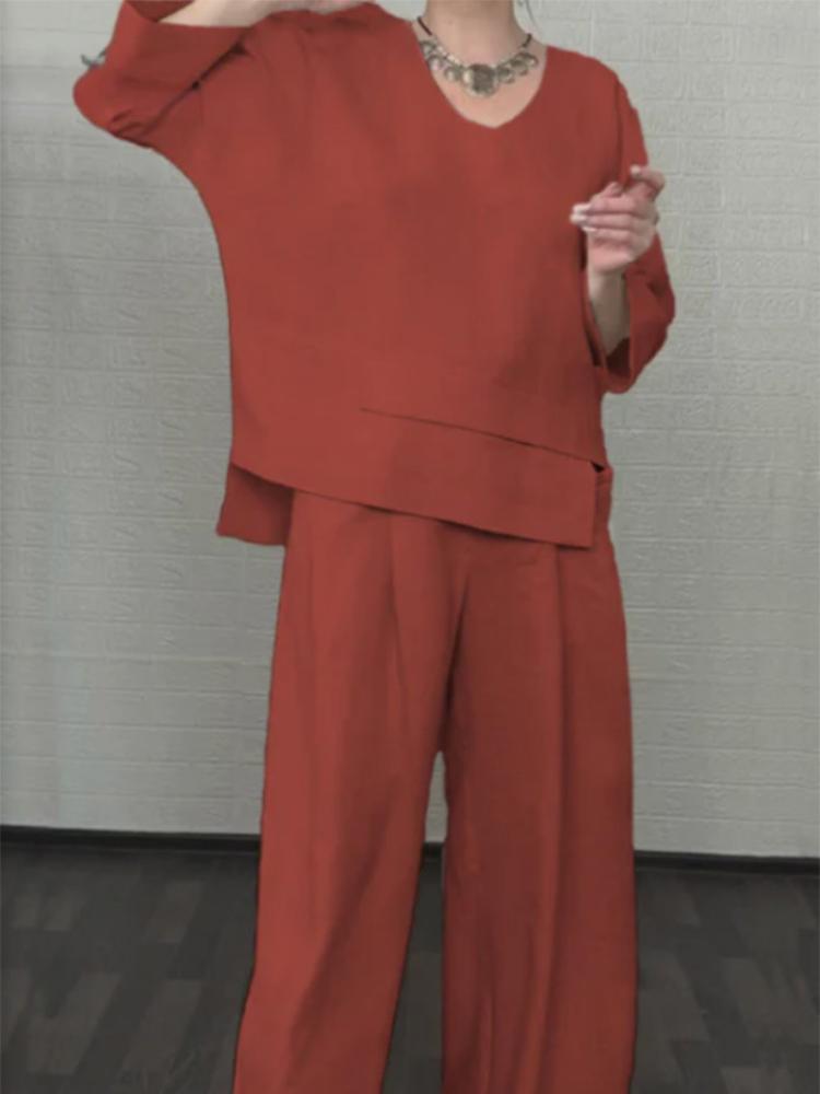 Women's V-Neck 3/4 Sleeve Top with Wide Leg Pants Set, Casual Loose Fit Outfit, Pocket Details