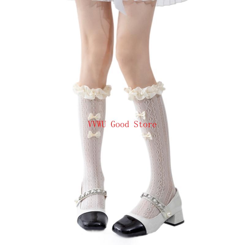 

Women Hollowout Striped Mesh Over Calf Socks with Ruffle Trim and Bows Accent
