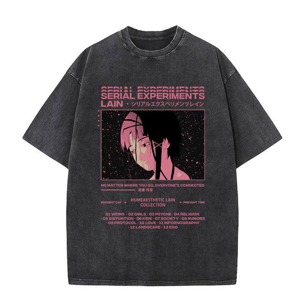 Japanese Anime Serial Experiments Lain Vintage Washed T Shirt Manga Iwakura Girl Sci Fi T-shirts Men 100% Cotton Casual T Shirt