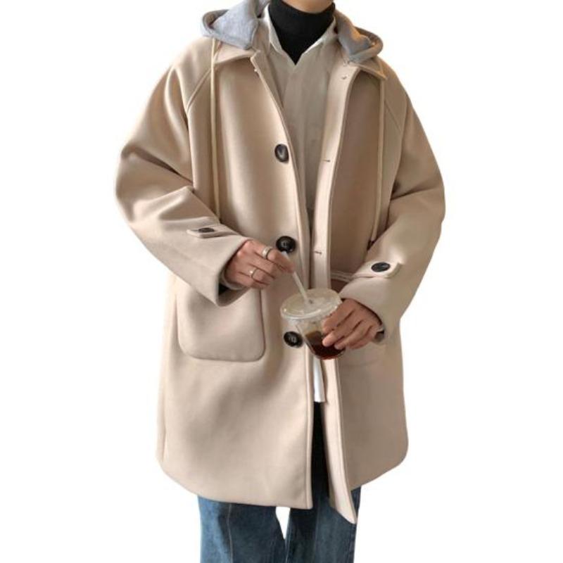 Yousheng Men Woolen Coat Hooded Drawstring Long Sleeve Single Breasted Jacket Coat with Large Pockets Long Windbreaker