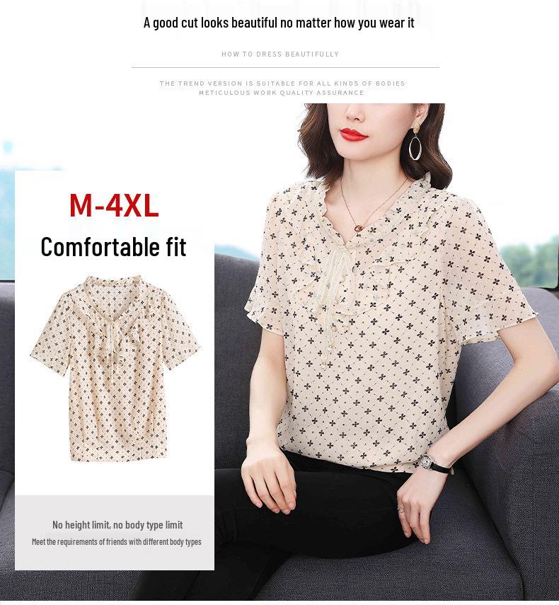 2023 Women's Plus Size Chiffon Blouse: Short Sleeve, Round Neck, Fashionable Printed Summer Top for Mom