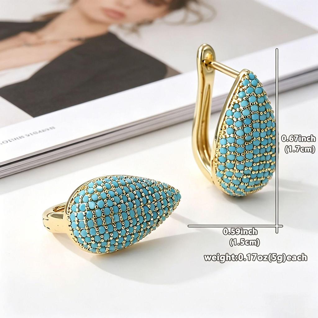 Yanbai Fashion Turquoise Geometric Oval Hoop Earrings with Zirconia - Light Luxury European & American Style