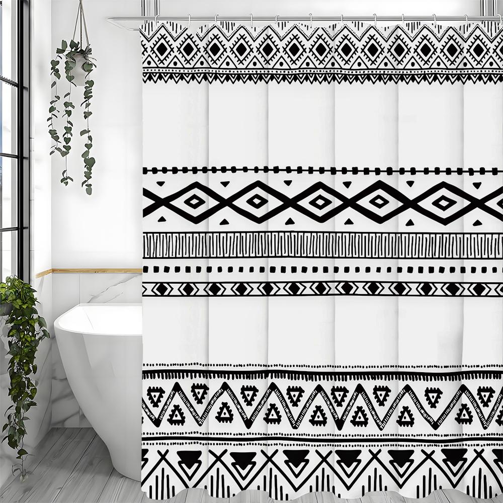Vintage Geometric Decorative Pattern Shower Curtain, Bathroom Decorative Shower Curtain, Waterproof Shower Curtain with Hooks