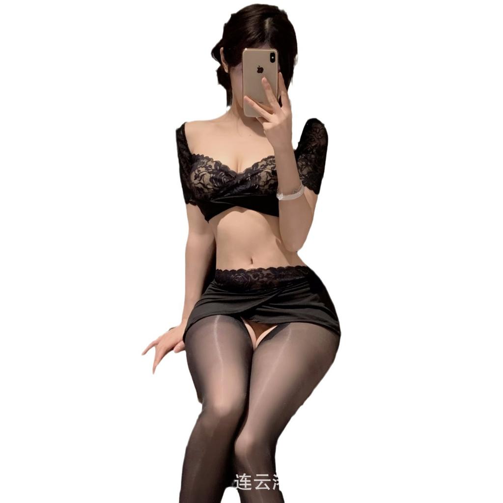 Erotic lingerie sexy deep V lace see-through hip short skirt career secretary uniform pure desire suit