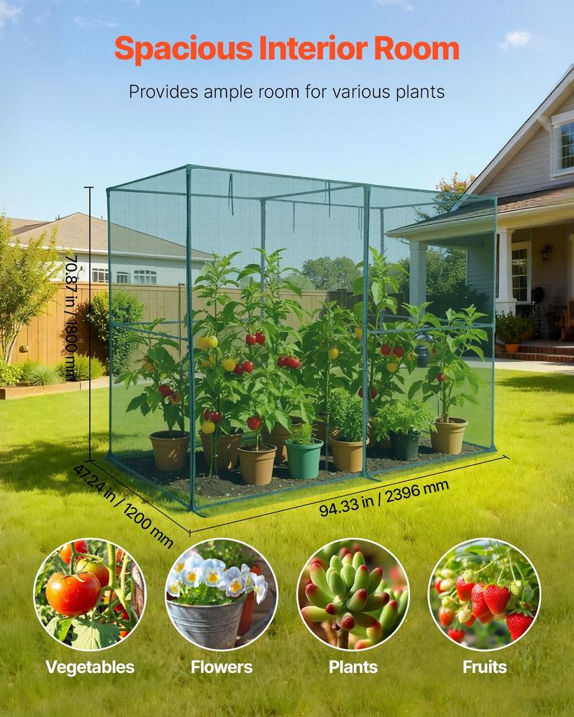 Crop Cage, 2.39 X 1.2 X 1.8 M Plant Protection Tent with Zippered Door, Wind-Resistant Tall Crop Cage, Easy To Install, Outdoor Raised Bed Cover,