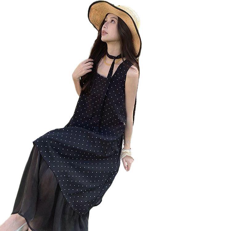 Plus Size Korean Style Black Polka Dot Lace Trim Dress (260 Jin)