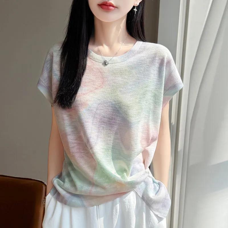 Womens Gradient Print Round Neck Short Sleeve Knit Top