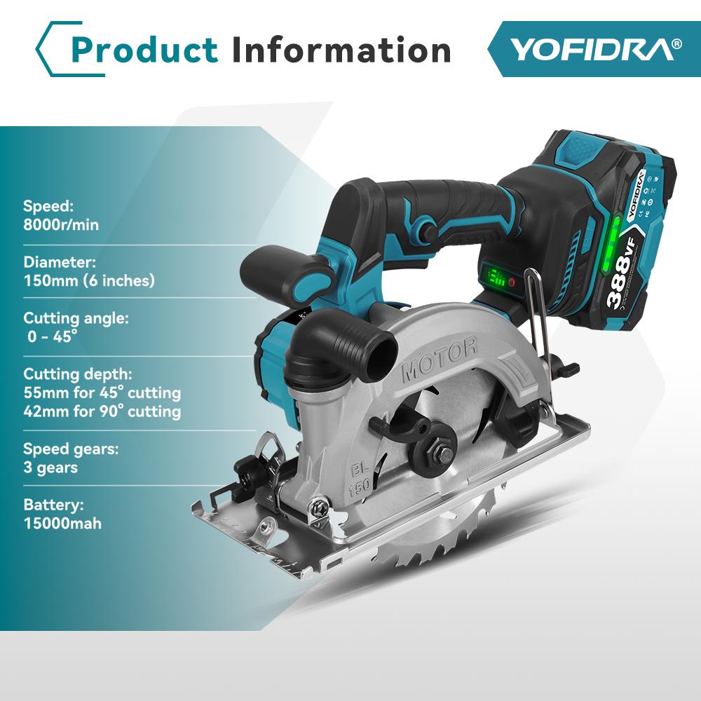 YOFIDRA 6Inch Brushless Electric Circular Saw Digital Display Chainsaw Multifunctional Cutting Tool For Makita 18V Battery Pin