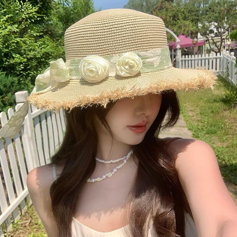 Lace Bow Straw Hat Women's Summer French Large Brim Sunscreen Hat Seaside Beach Vacation Sun Hat