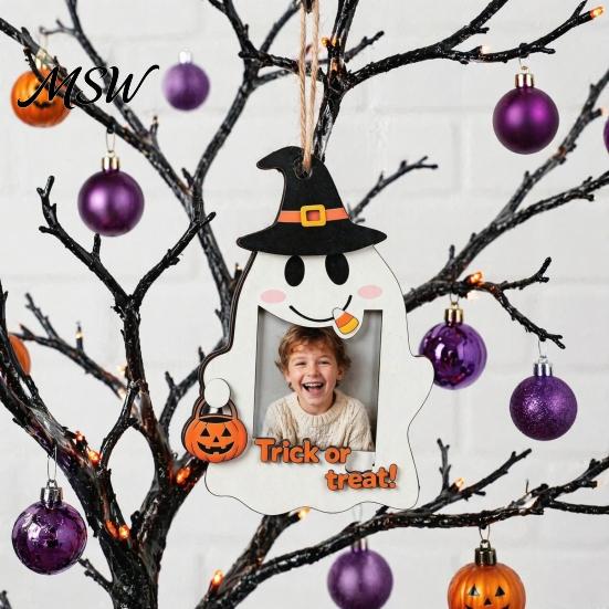 Halloween Keepsake Frame Cute Ghost Wooden Photo with Hanging Rope, Creative Durable Slot Picture for Holiday Party Decor And Home Wall Decoration