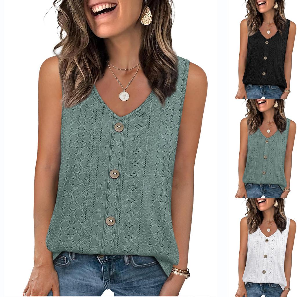 Women’s Knit Sleeveless Top Button Front V Neck Casual Loose Fit Crochet Patterned Tank Shirt for Summer
