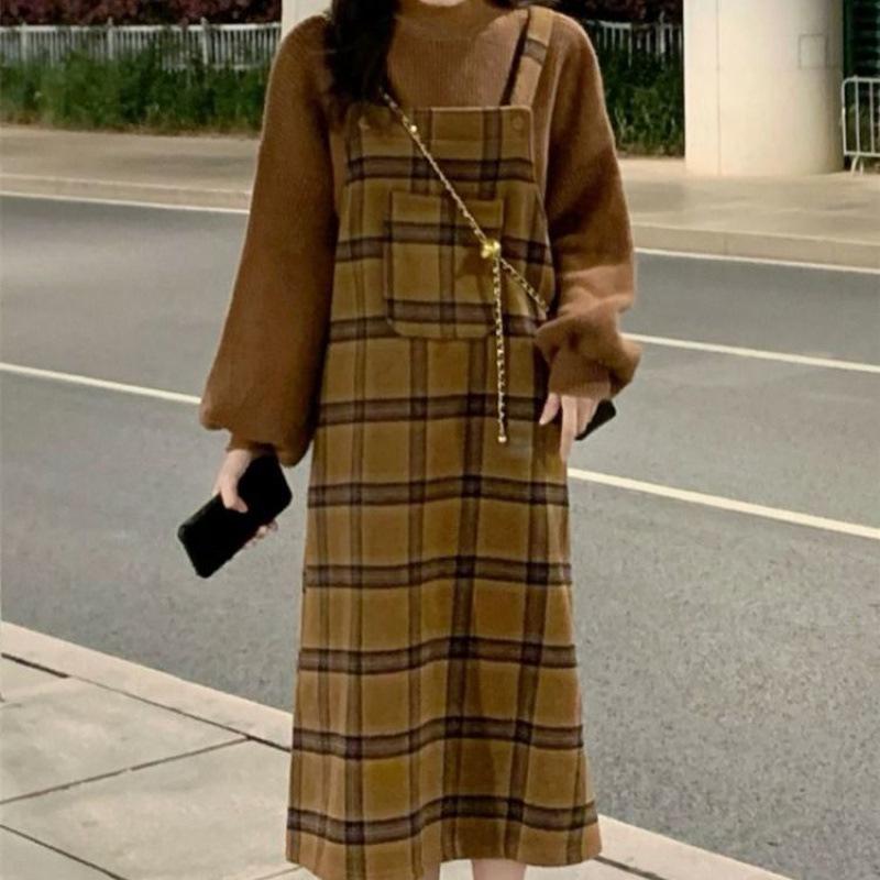 Sweet Salted Color Block Plaid Overall Dress & Long Sleeve Sweater Set for Spring/Autumn
