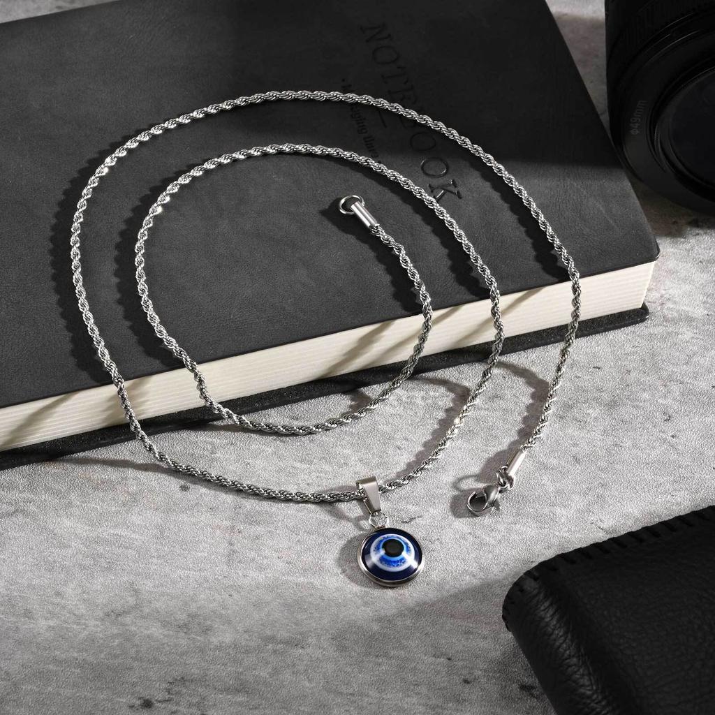 Vnox Evil Eye Pendant Necklace for Men Women, Waterproof Stainless Steel Twisted Chain Turkish Eye Charm Collar Jewelry Gifts