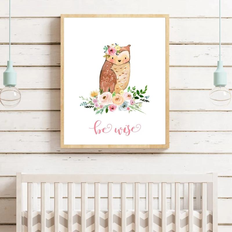 Watercolor Woodland Animal with Flowers Art Poster Prints Canvas Painting Kids Girls Room Bedroom Office Home Wall Decoration