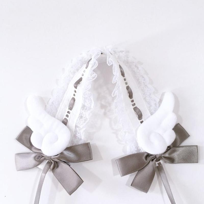 Women Hair Bands Maid Cosplay Headband Lolitas Lace Headwear with Cute Wings, Bowknot Decorations Hair Accessories