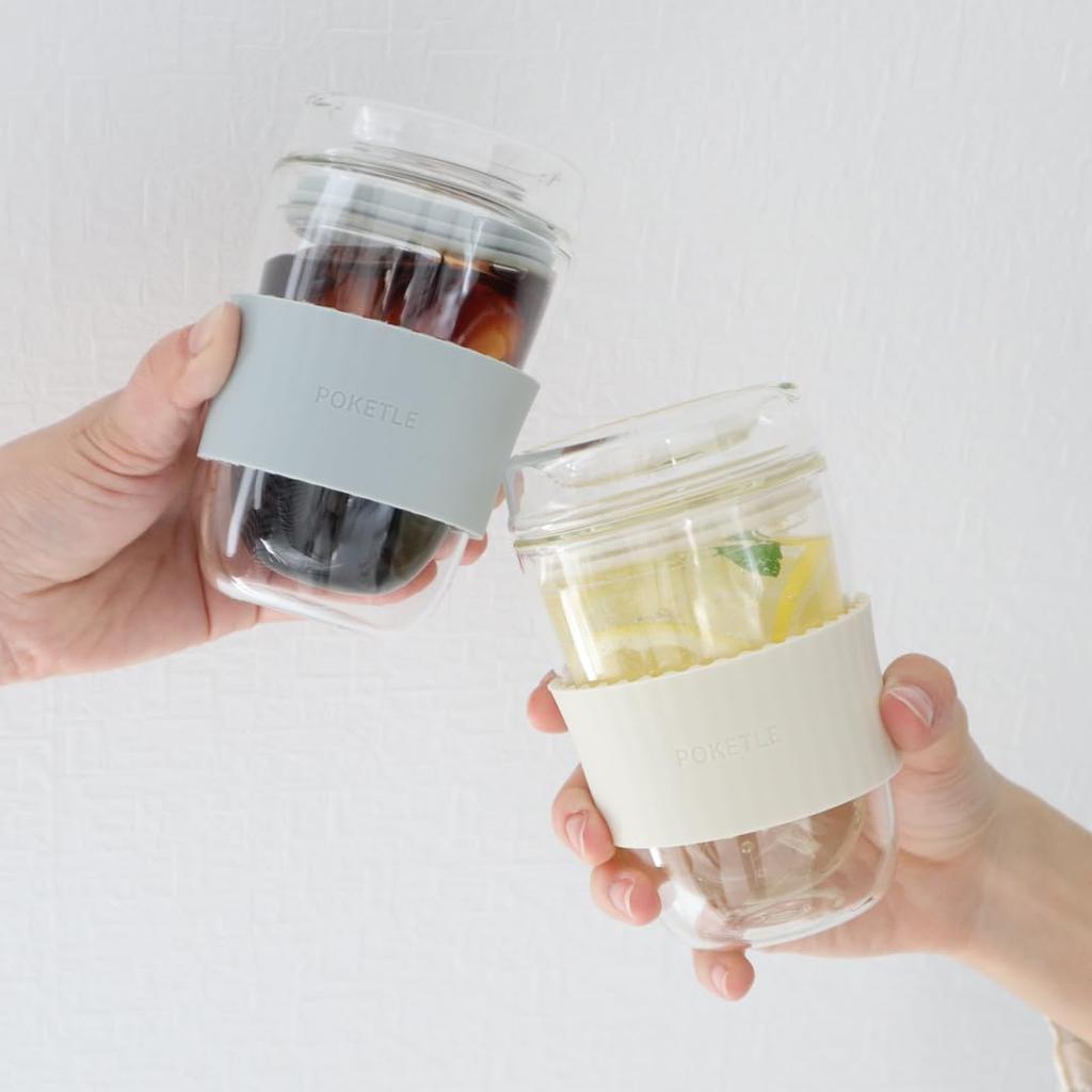 POKETLE Glass Tumbler with Lid, 220ml, Double-Walled, Heat-Resistant, Dishwasher-Safe, BPA-Free, Vidro 220, Ivory