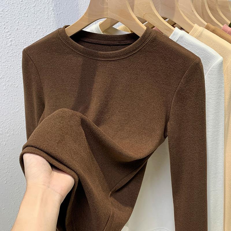 Double Sided German Velvet Base Shirt for Women's Autumn and Winter Basic Round Neck Brushed Long Sleeved Warm Inner Elastic Top