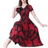 Lady Fashion Floral Print Tight Waist Large Swing V-Neck Short Sleeve Maxi Dress
