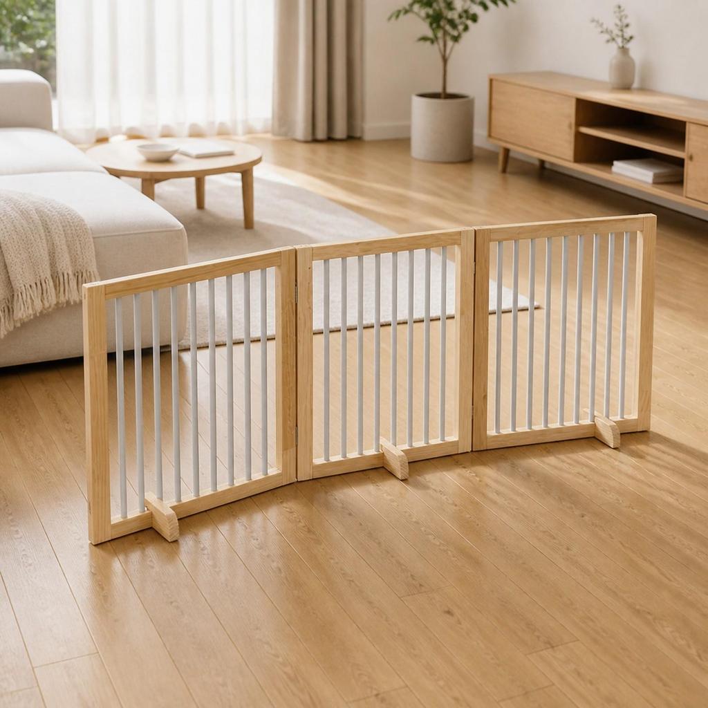 Freestanding Wooden Pet Gate with Folding Panels for Indoor Doorways