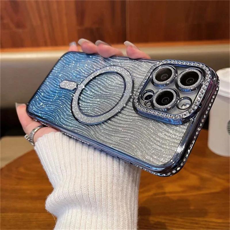 

Для iPhone 16 Pro Max Роскошный чехол для телефона с покрытием Flash Magsafe Magnetic Rhinestone для iPhone 11 12 13 14 15 16 Plus Крышка объектива iPhone 13 Pro Max синий