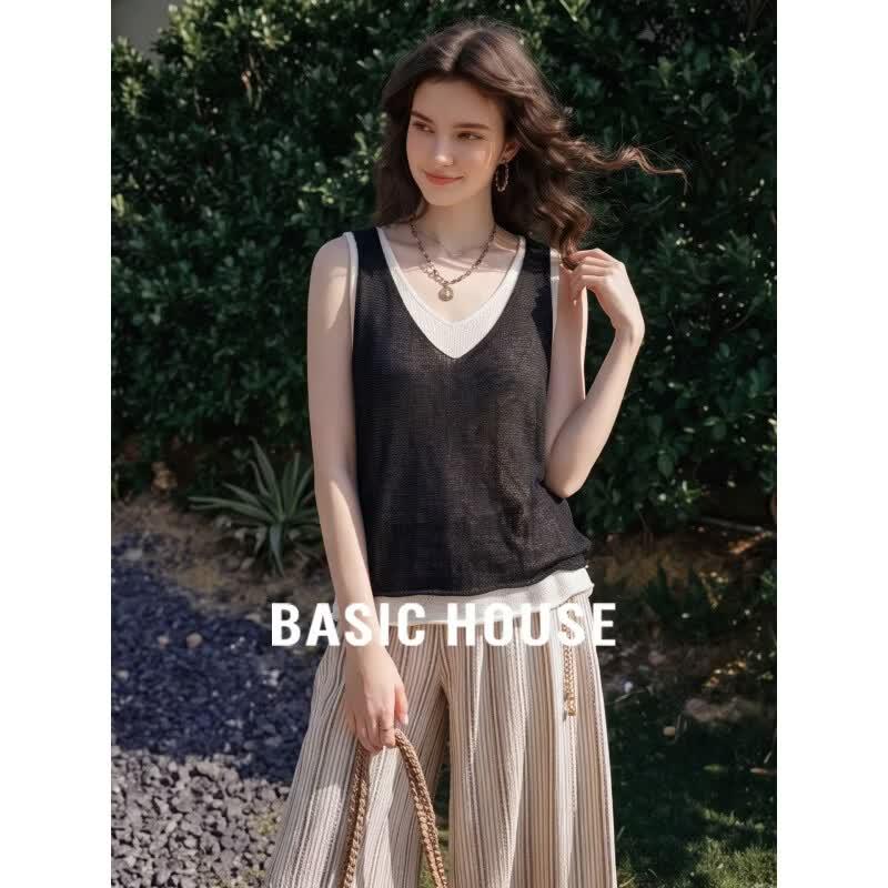 Basic House Women s Faux Two-Piece V-Neck Knit Camisole Top M