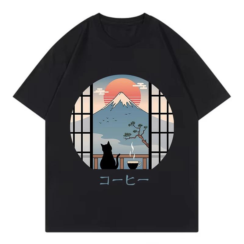 

Japanese Coffee Cat TShirt Women Mt Fuji Landscape Graphic Tee Summer Loose Short Sleeve Harajuku Aesthetic Streetwear Tops S