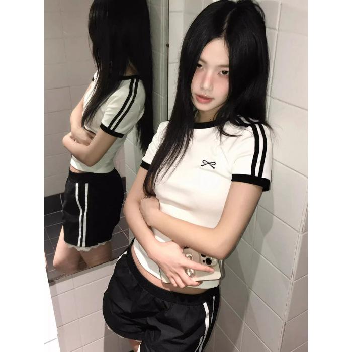 Women's Summer Slim Fit Striped T-Shirt with Bow and Embroidery