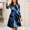 Women Plus Size Round Neck Long Sleeve Dark Teal Navy Gold Printed A Line Flared Dress