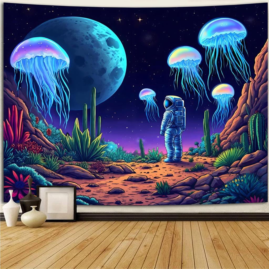 Miytal Blacklight Astronaut Jellyfish Tapestry - UV Reactive Neon Glow In the Dark Space Landscape Wall Hanging, Cosmic Cactus Desert Art Decor for