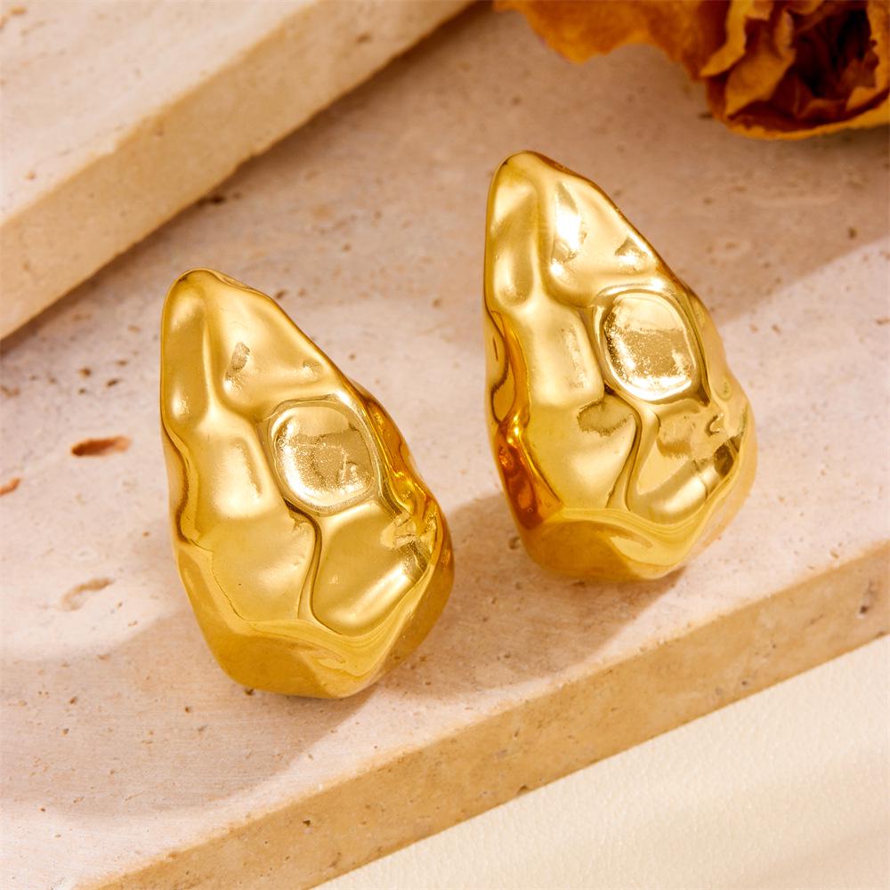 European Style Hammered Texture Water Drop Earrings in 18K Gold-Plated Titanium Steel - Eco-friendly and Colorfast Jewelry.