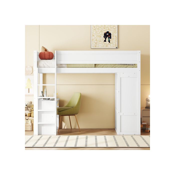 Lit mezzanine - MUVOE - 90x200cm - Blanc - Avec armoire et bureau - 2 tiroirs de rangement