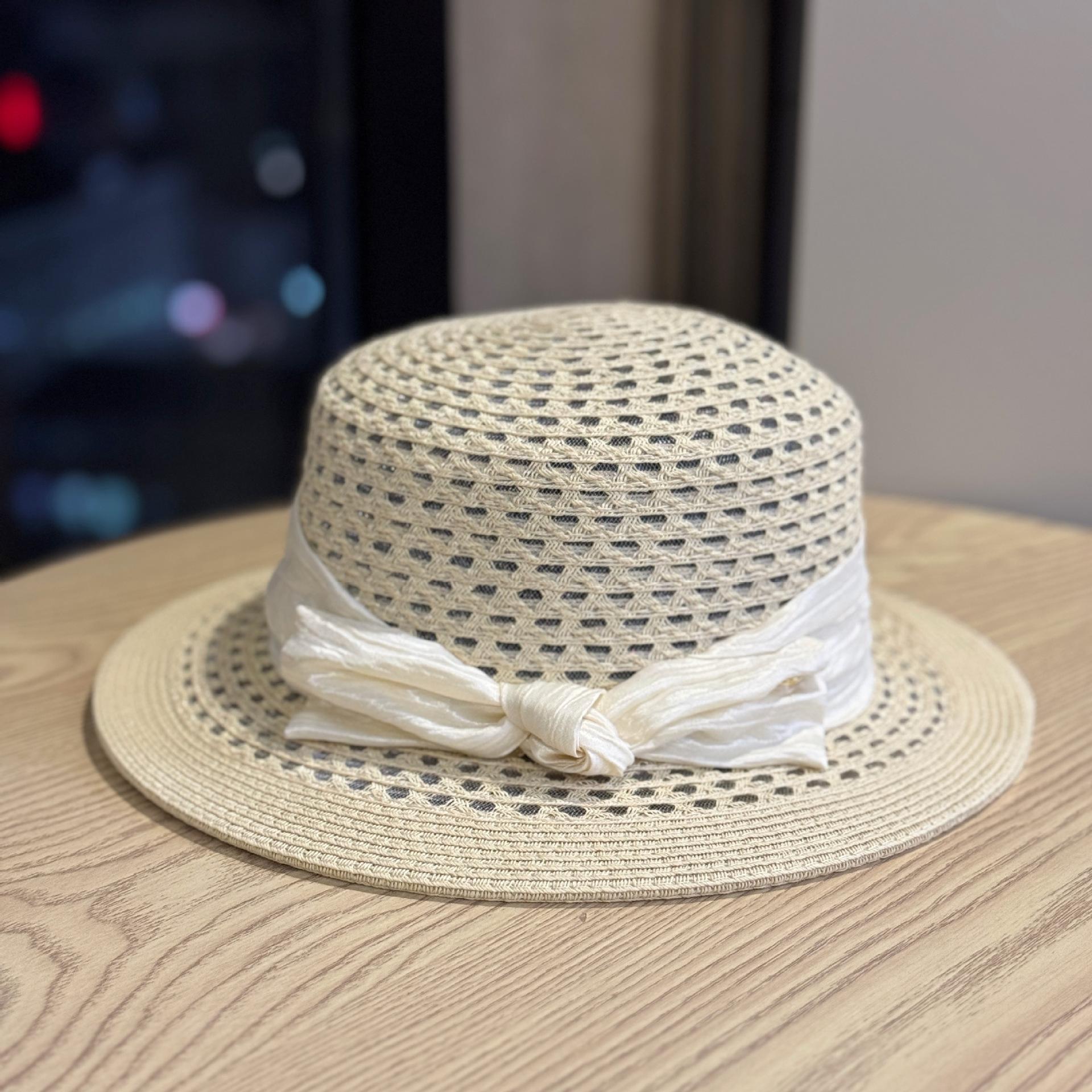 

Vintage French Old Money Style Bowknot Hollow Flat-Top Straw Hat for Women, Summer Vacation Beach Sun Protection Sunshade Adult54-60Adjustable бежевый