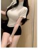 Korean Dongdaemun Elegant Slim-Fit Sheer High Neck Short Sleeve T-Shirt for Women