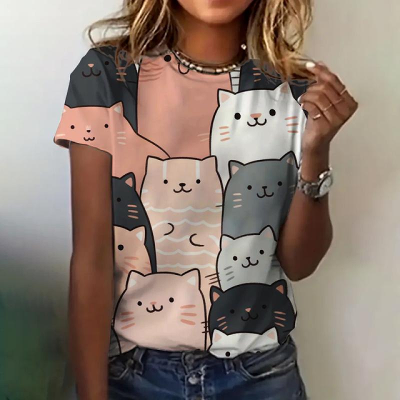 Women's T-shirt Summer Casual Crew Neck Short Sleeve Cute Cat Print Top Loose Half Sleeve Fashion Trend Clothing Women's T-shirt