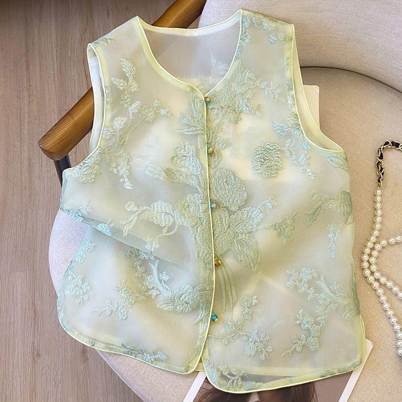 Women's Lightweight Summer Sleeveless Chinese-Style Embroidered Vest with A Retro Look, Perfect for Layering