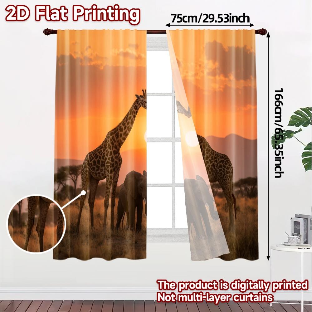 Set Of 2 Modern Flat Printing Curtains Without Rod Sunset Safari Curtain Durable Polyester Fabric All