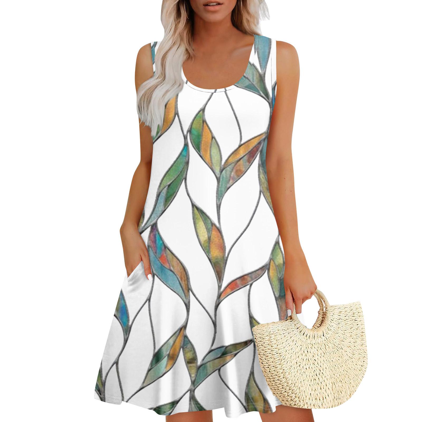 

Женские летние платья, свободные сарафаны без рукавов с U-образным вырезом и карманами XL белый