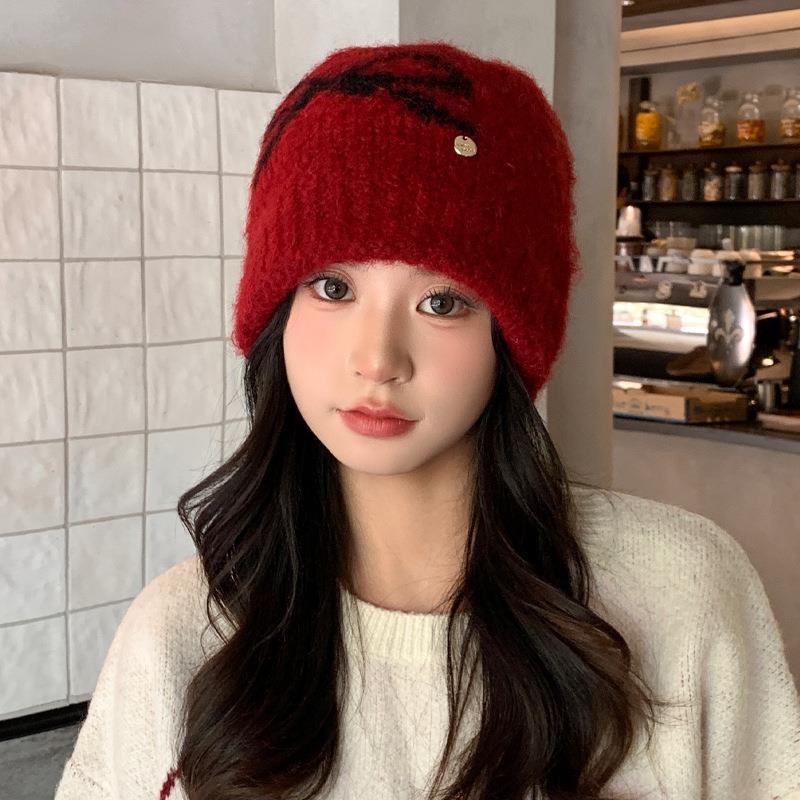 Bow Jacquard Knitted Hat Season Fashion Versatile Hat Women's Big Head Circumference Small Wool Hat