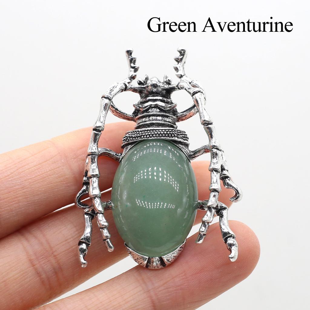 1Pc, Natural Stone Shell Beetle Pendant Brooch, Aura Healing Crystal Quartz Jade Gems Charms Brooch Pin for Jewelry Making DIY Halloween Crafts Gifts