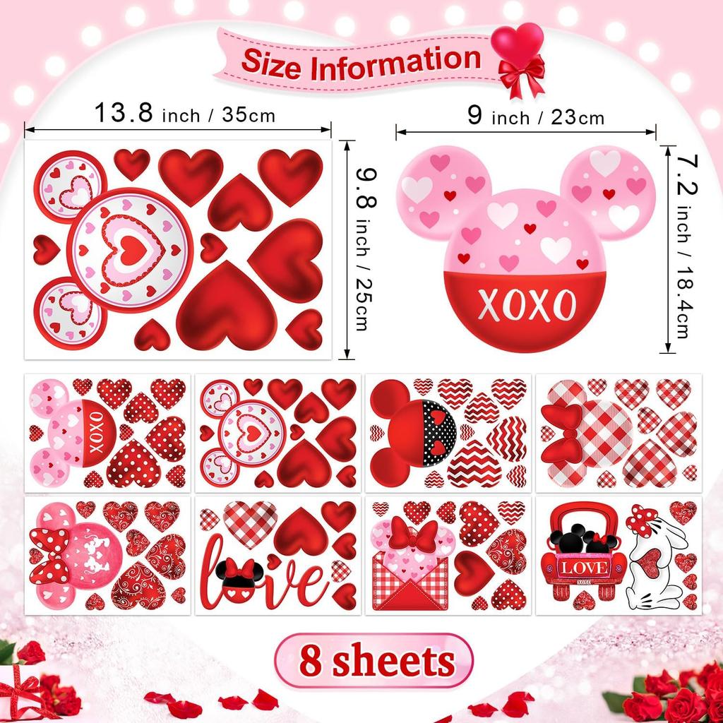 Red and Pink Valentine's Day Mouse Sticker Decals, 77pcs Reble Waterproof PVC Window Decorations for Home Party Supplies