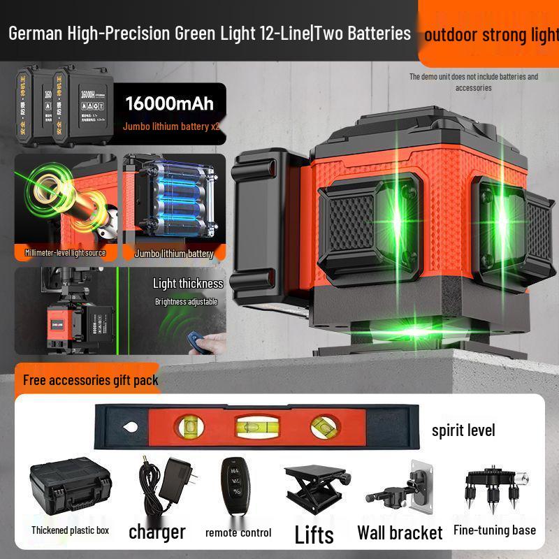 12-Line High Precision Green Laser Level - Outdoor Auto-Leveling with Strong Infrared Light