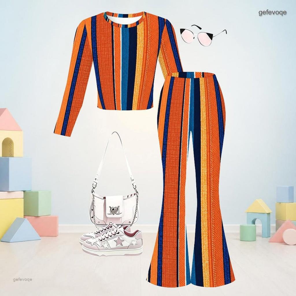 Girls Orange Plaid Printed Round Neck Long Sleeve Top And Flared Pants Two Piece Set