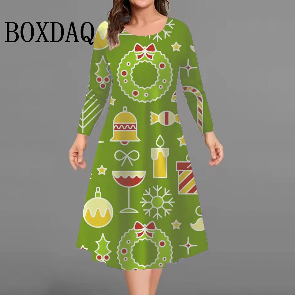 Christmas Print Woman Dress O Neck Ladies Long Sleeves Autumn Winter New Products Loose Casual Christmas Tree Plus Size Dresses
