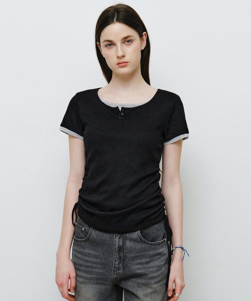 MONGDOL Henley Neck Layered Short Sleeve T-Shirt Black Mdts097Black