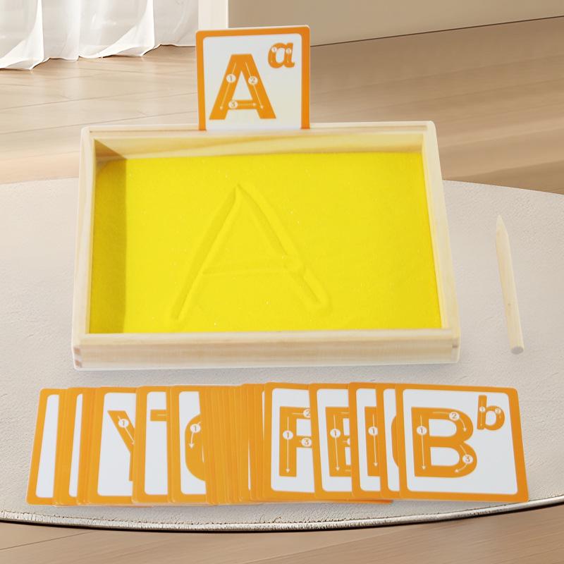 Montessori Wooden Sand Tray with English Letter Tracing Cards for Early Education & Word Recognition